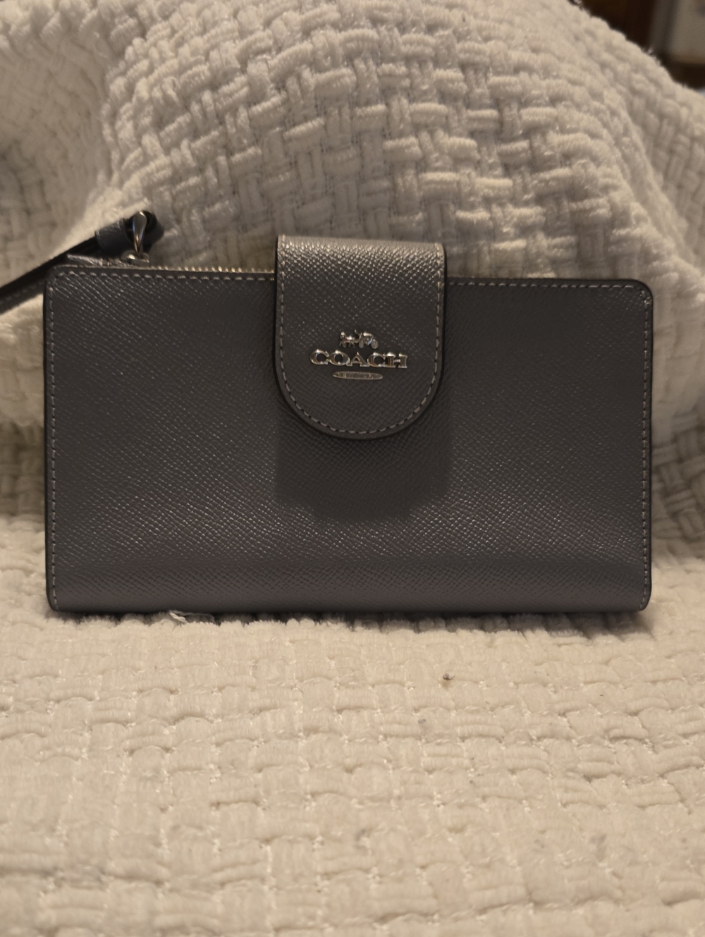 COACH Gray Saffiano Leather Continental Wallet with Wristlet Strap
